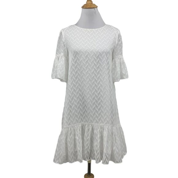 Cece Cynthia Steffe Dress Womens 0 White Textured Ruffle Sleeve Flounce Hem - Picture 1 of 14